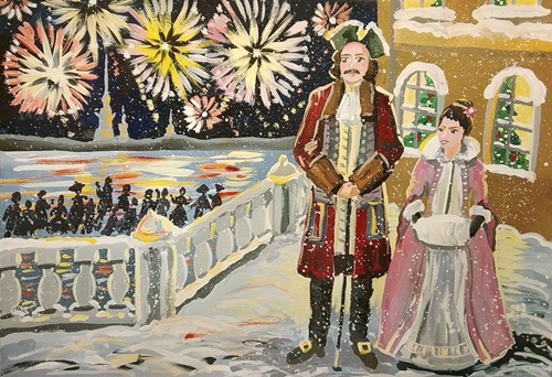 История Нового года Губанов Андрей, 14 лет, МБУ ДО «Дворец пионеров и школьников г. Курска», город Курск, педагог дополнительного образования: Губанова Елена Валерьевна (гуашь)